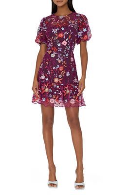 Milly Yasmin Floral Embroidered Puff Sleeve Mesh Fit & Flare Dress in Burgundy Multi