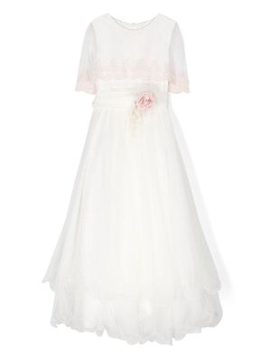 Mimilù floral-appliqué layered long dress - White