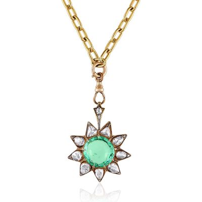 Mindi Mond Colombian Emerald & Diamond Sunburst Pendant Necklace in Yellow Gold 