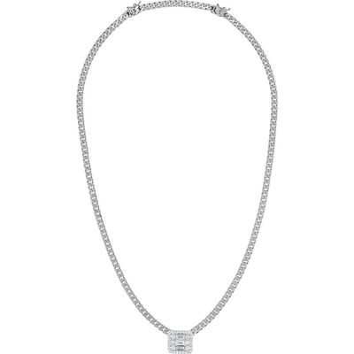 Mindi Mond Halo Diamond Cube Pendant Curb Chain Necklace in White Gold/Diamond 