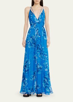 Mindy Pleated Floral-Print Chiffon Gown