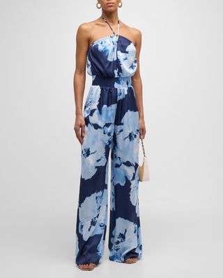 Mindy Watercolor Bloom Strapless Wide-Leg Jumpsuit