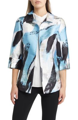 Ming Wang Abstract Brushstroke Wing Collar Jacket in Serene/Wt/Bk