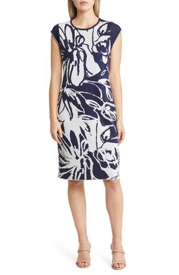 Ming Wang Abstract Floral Knit Dress in Indigo/white