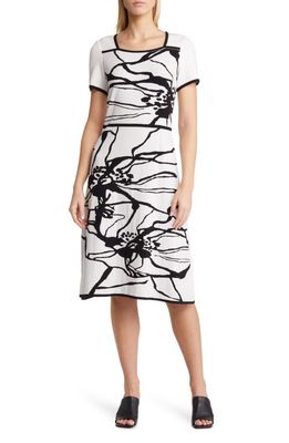 Ming Wang Abstract Floral Knit Dress in White/Black