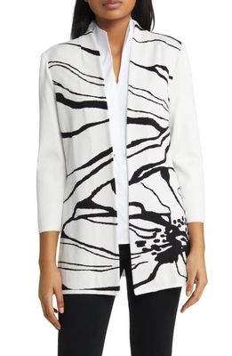 Ming Wang Abstract Floral Open Front Knit Jacket in White/Black