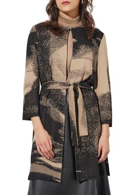 Ming Wang Abstract Jacquard Longline Belted Knit Jacket in Dark Champagne/Black