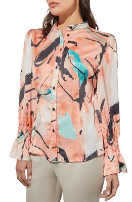 Ming Wang Abstract Print Long Sleeve Button-Up Shirt in Coral Sand/oceanfront/limeston