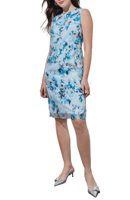 Ming Wang Abstract Print Sleeveless Sheath Dress in Dew Blue/Multi