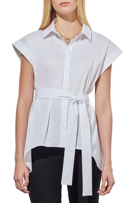 Ming Wang Belted High-Low Button-Up Shirt in White