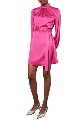 Ming Wang Belted Long Sleeve Satin Minidress in Mulberry