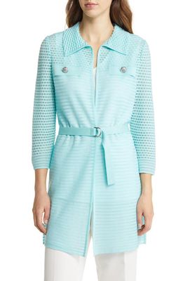 Ming Wang Belted Mixed Texture Semisheer Knit Jacket in Clearwater