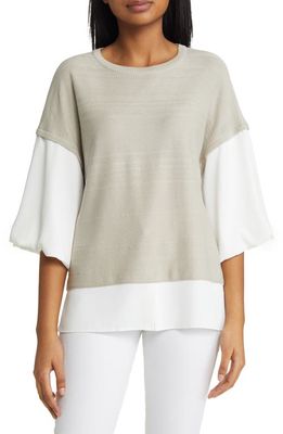 Ming Wang Colorblock Mixed Media Top in Limestone/White