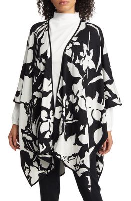 Ming Wang Contrast Floral Knit Wrap in Black/Ivory