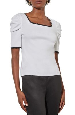 Ming Wang Contrast Puff Sleeve Knit Top in White/Black