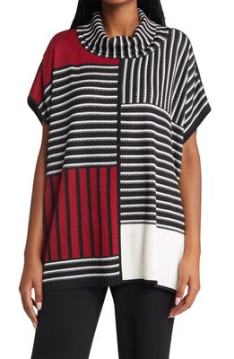 Ming Wang Contrast Stripe Cowl Neck Tunic in Black/Ivory/Cherry Red