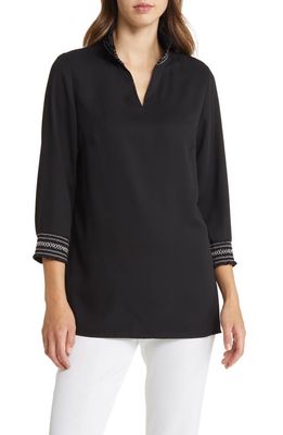 Ming Wang Embroidered Detail Crepe Tunic Blouse in Black/White
