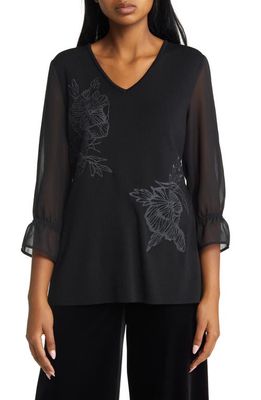 Ming Wang Embroidered Sheer Sleeve Tunic in Black/Granite/Sterling