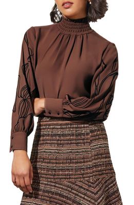 Ming Wang Embroidery Detail Long Sleeve Blouse in Chestnut/Black