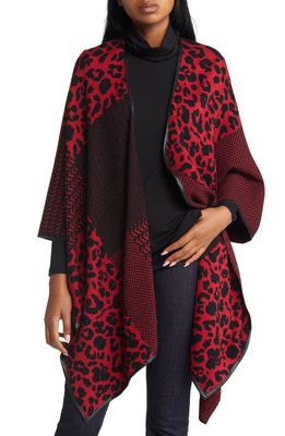 Ming Wang Faux Leather Trim Knit Wrap in Cherry Red/Black