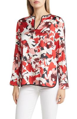 Ming Wang Floral Crêpe de Chine Blouse in P Red/ln/bwh