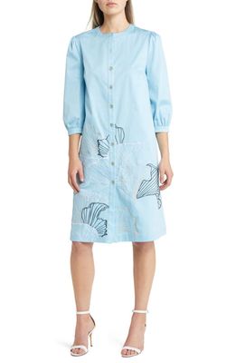 Ming Wang Floral Embroidered Stretch Cotton Shirtdress in Ser/Lmst/Bwh