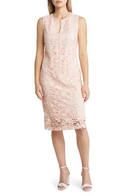 Ming Wang Floral Lace Sheath Dress in Pink Satin