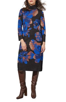 Ming Wang Floral Mock Neck Long Sleeve Sweater Dress in Black/Sky/Chestnut