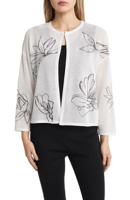Ming Wang Floral Open Front Knit Jacket in White/black