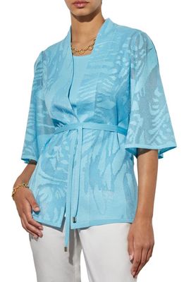 Ming Wang Floral Semisheer Belted Jacquard Sweater Jacket in Dew Blue