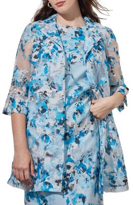 Ming Wang Floral Sheer Open Front Elbow Sleeve Jacket in Dew Blue/Multi