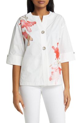 Ming Wang Floral Watercolor Poplin Shirt in White/Pink/Multi