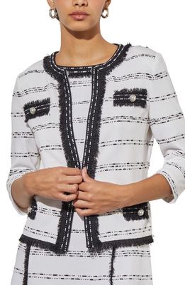 Ming Wang Fringe Trim Sweater Jacket in White/Black