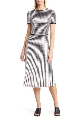 Ming Wang Grid Stripe Flare Knit Dress in White/Black