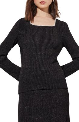 Ming Wang Imitation Pearl Collar Shimmer Rib Sweater in Black/Silver