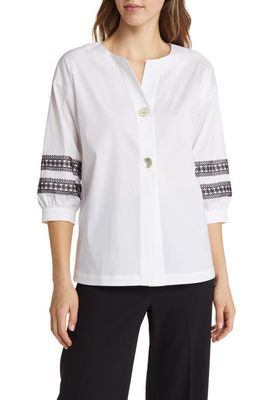 Ming Wang Lacework Trim Puff Sleeve Poplin Button-Up Shirt in White/Black