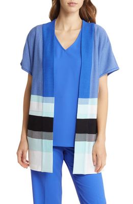 Ming Wang Mixed Stripe Short Sleeve Knit Jacket in Dazzling Blue/Clearwater