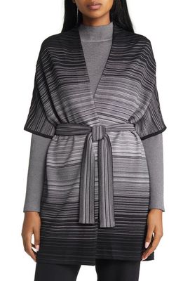 Ming Wang Ombré Stripe Belted Knit Cardigan in Granite/Sterling/Black