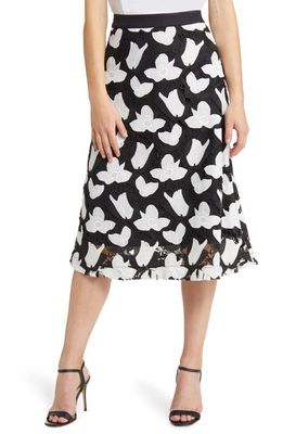 Ming Wang Openwork Floral Lace A-Line Skirt in Black/White