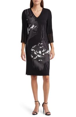 Ming Wang Pleat Sleeve Knit Dress in Black/Ivory