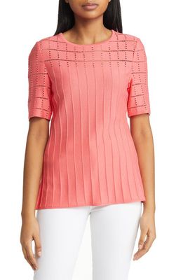 Ming Wang Pointelle Short Sleeve Sweater in Sunkissed Coral