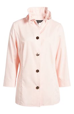 Ming Wang Ruffle Collar Cotton Button-Up Shirt in Pink Satin