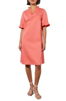 Ming Wang Ruffle Trim Cotton Poplin Shift Dress in Sunkissed Coral