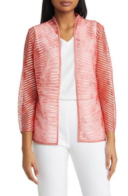 Ming Wang Sheer Stripe Open Front Jacket in Sunkissed Coral/Pink Satin