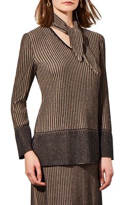 Ming Wang Shimmer Stripe Contrast Border Sweater with Scarf Tie in Black/Dark Champagne