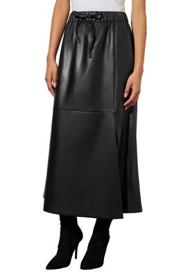 Ming Wang Side Slit Faux Leather Drawstring Midi Skirt in Black