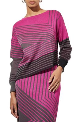 Ming Wang Stripe Asymmetric Split Sleeve Sweater in Mulberry/Grey/Black