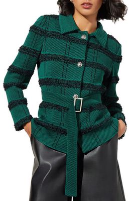 Ming Wang Stripe Belted Tweed Blazer in Jewel Green/Black