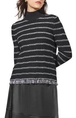 Ming Wang Stripe Fringe Bouclé Rib Sweater in Black/Ivory