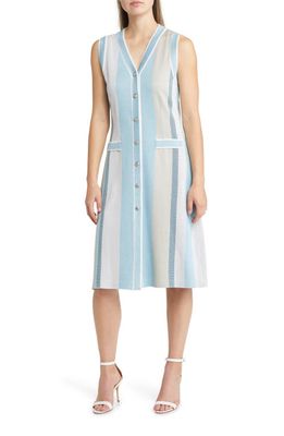 Ming Wang Stripe Sleeveless Sweater Dress in Ser/Lmst/Bwh